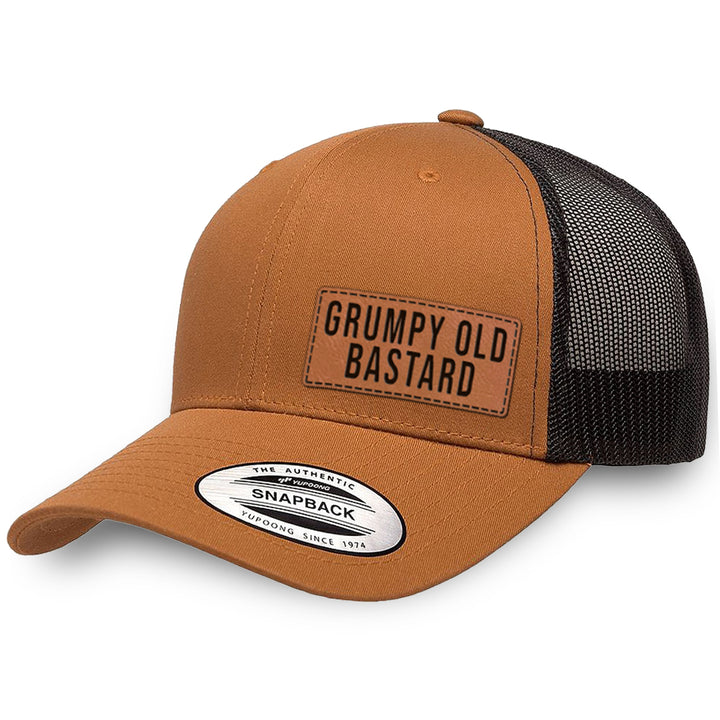 Caramel / Black leather patch hat - Grumpy Old Bastard