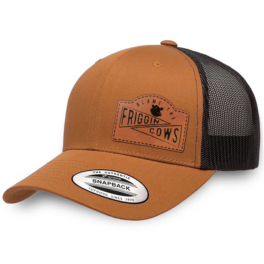 Caramel / Black leather patch hat - Blame The Friggin Cows
