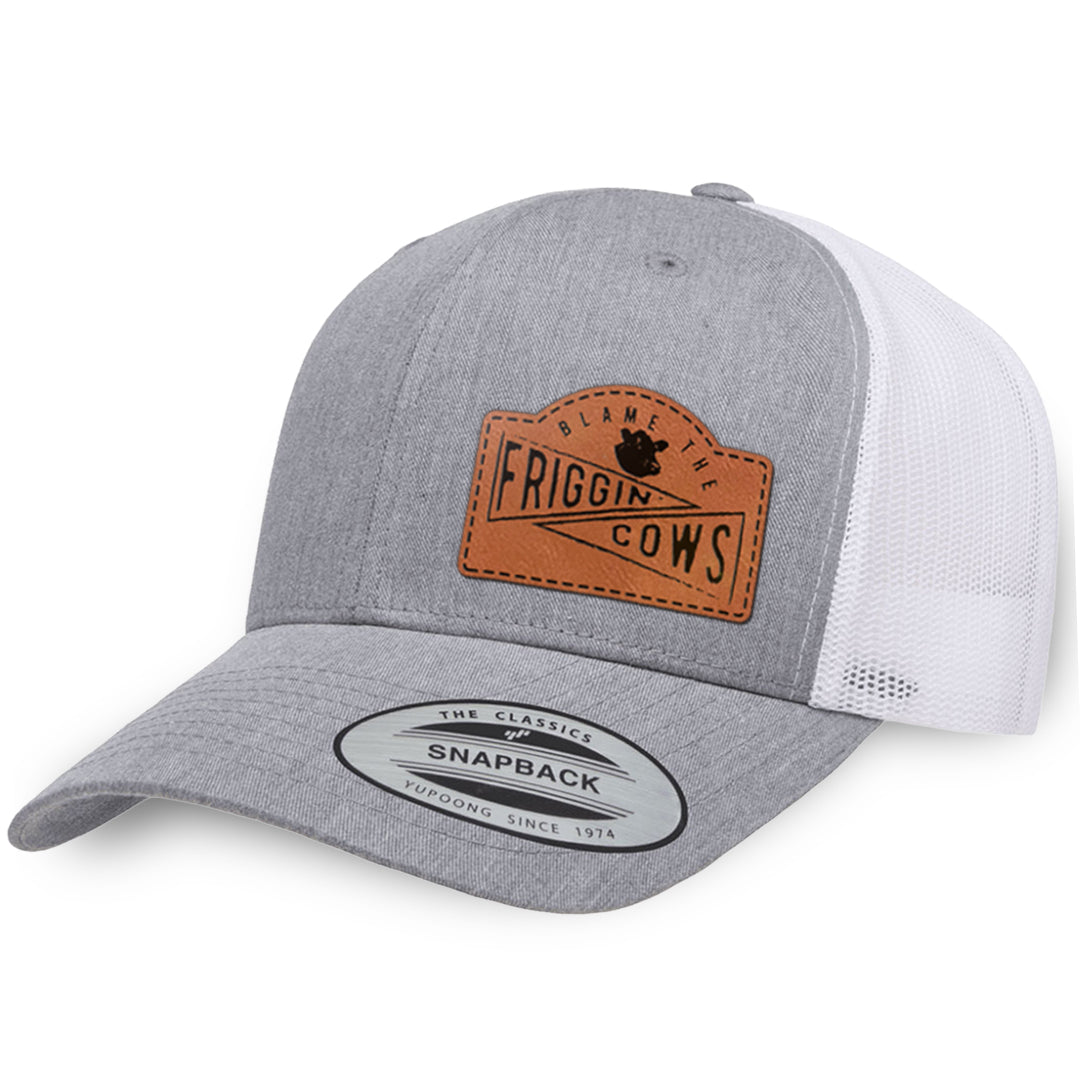 Heather Gray / White leather patch hat - Blame The Friggin Cows