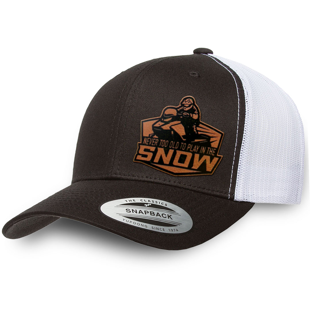 Black / White leather patch hat - Never Too Old To Play In The Snow