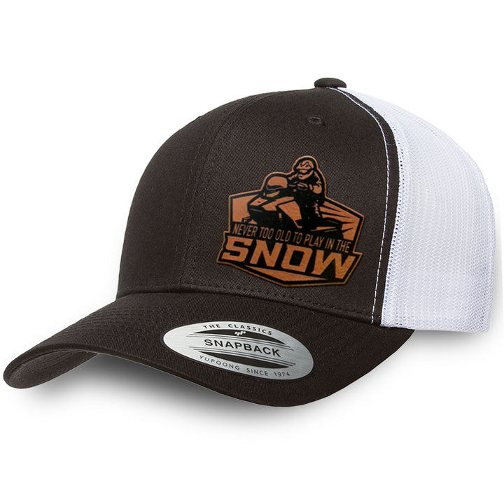 Black / White leather patch hat - Never Too Old To Play In The Snow