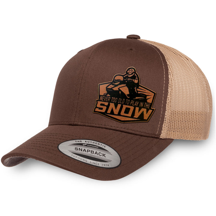 Brown / Khaki leather patch hat - Never Too Old To Play In The Snow