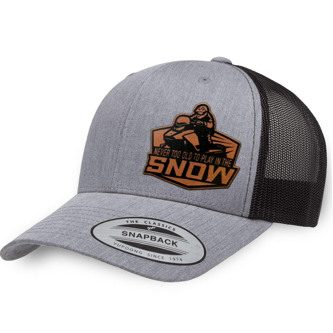 Heather Gray / Black leather patch hat - Never Too Old To Play In The Snow