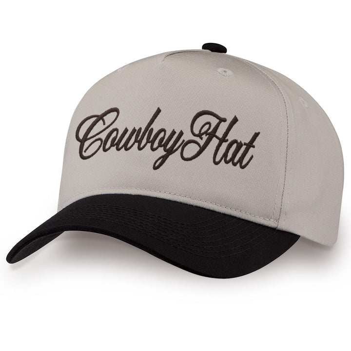 Black embroidered snapback hat with Cowboy Hat stitched across the front