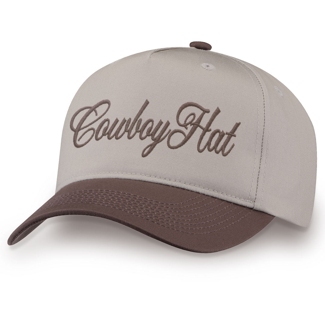 Brown embroidered snapback hat with Cowboy Hat stitched across the front
