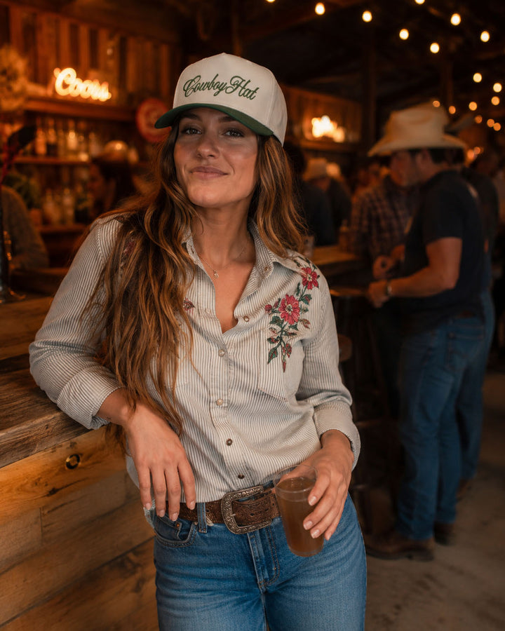 Cowboy Hat embroidered snapback hat in Green, worn