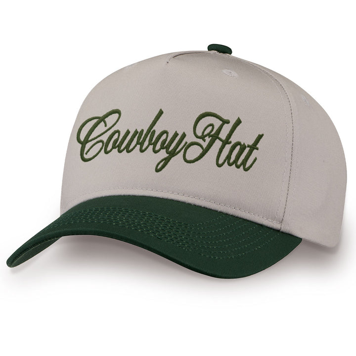 Green embroidered snapback hat with Cowboy Hat stitched across the front