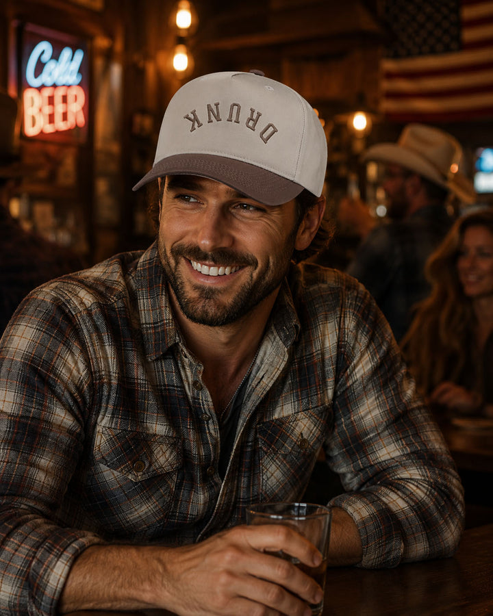 DRUNK embroidered snapback hat in Brown, worn