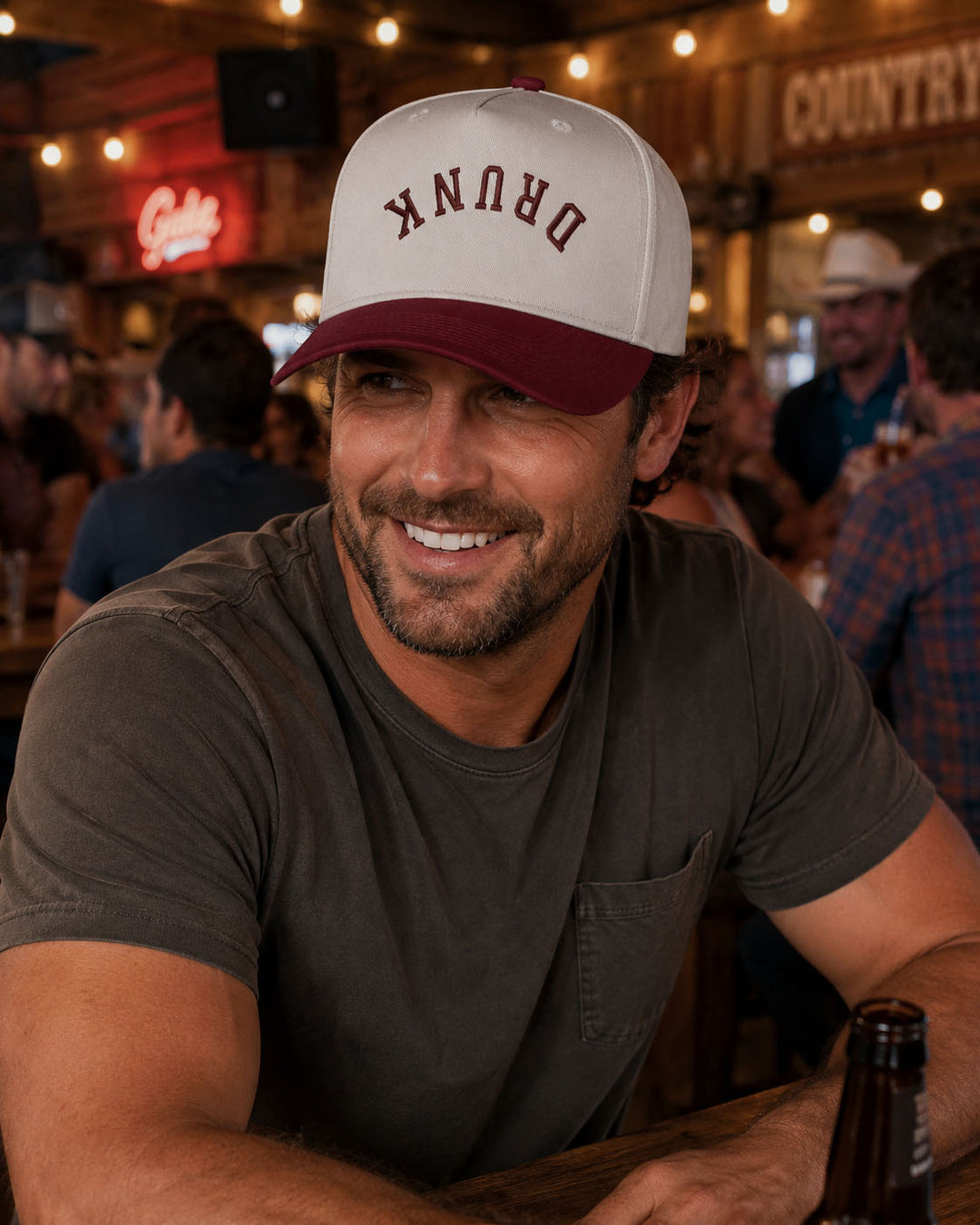 DRUNK embroidered snapback hat in Burgundy, worn