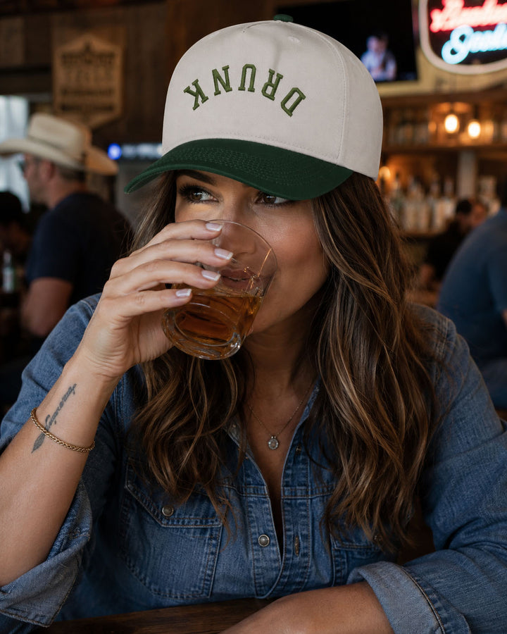 DRUNK embroidered snapback hat in Green, worn