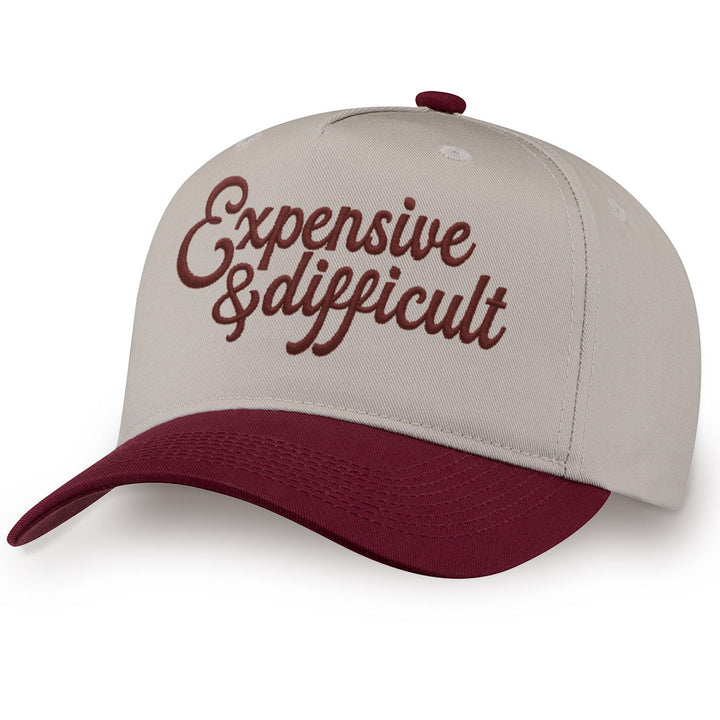 Burgundy embroidered snapback hat with Expensive &amp; Difficult stitched across the front
