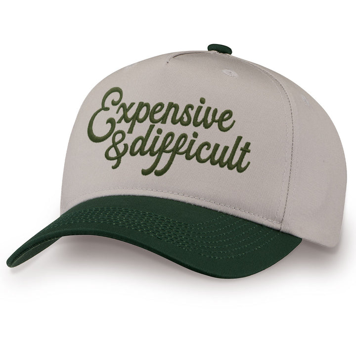 Green embroidered snapback hat with Expensive &amp; Difficult stitched across the front