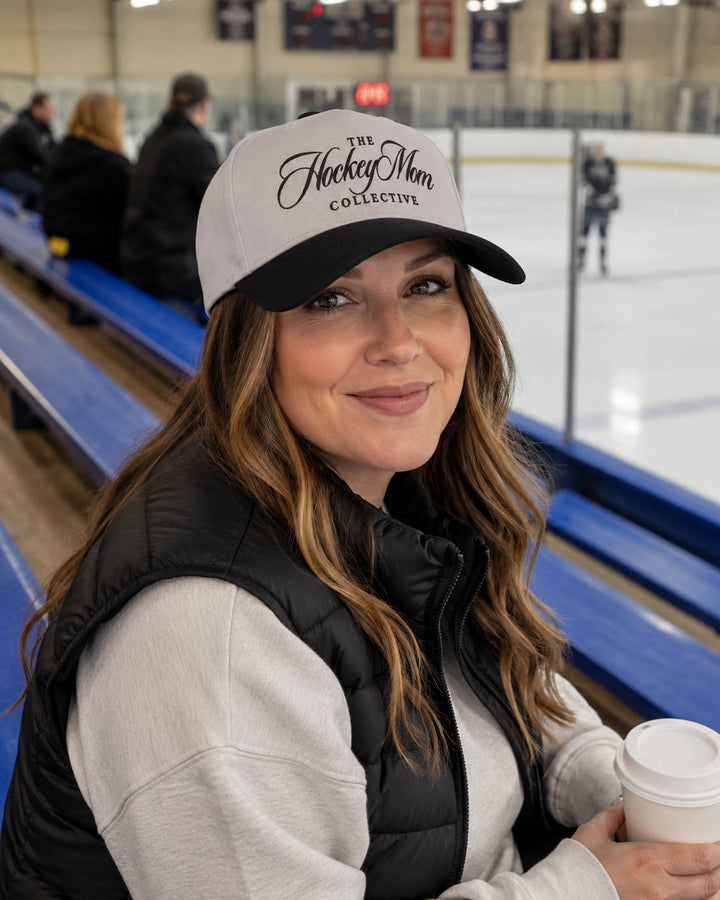 Hockey Mom embroidered snapback hat in Black, worn