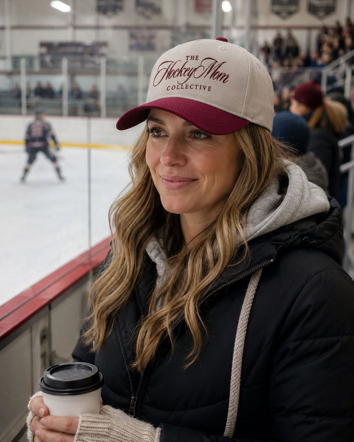 Hockey Mom embroidered snapback hat in Burgundy, worn