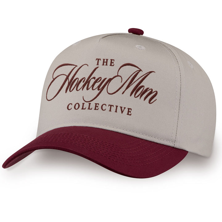 Burgundy embroidered snapback hat with Hockey Mom stitched across the front