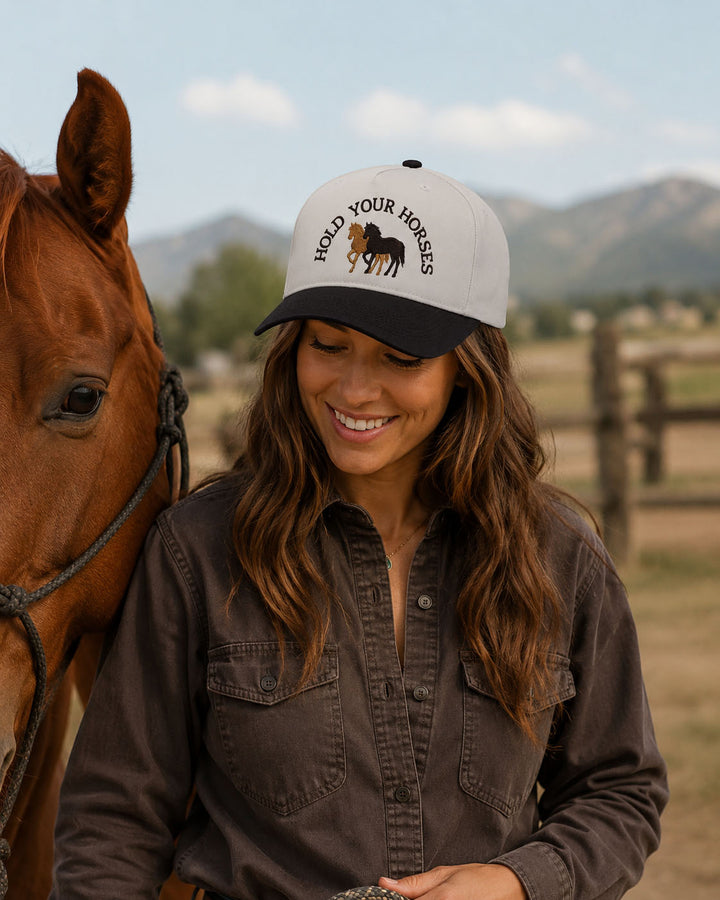 Hold Your Horses embroidered snapback hat in Black, worn