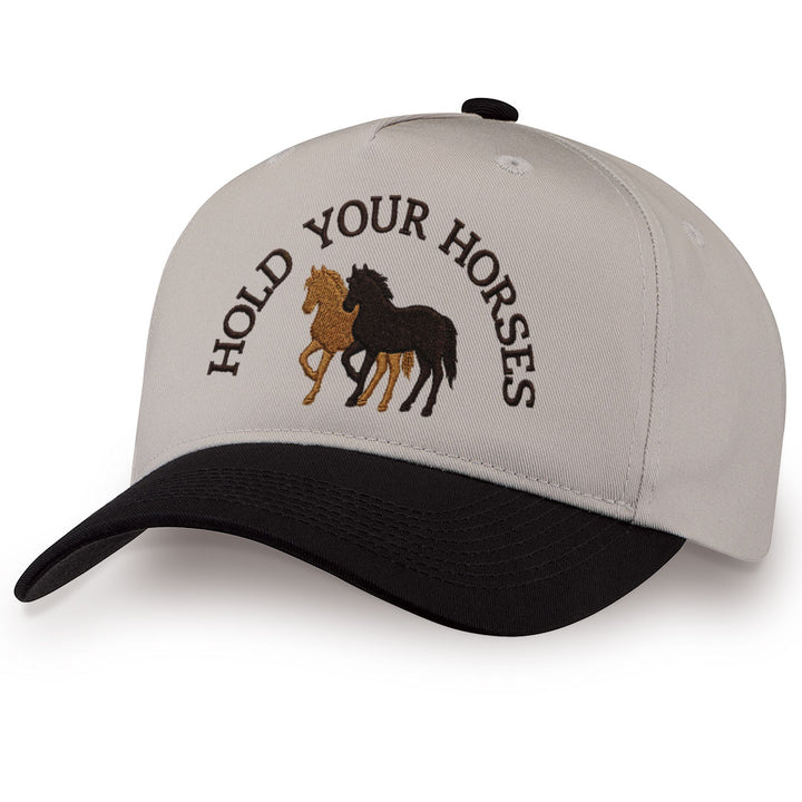 Black embroidered snapback hat with Hold Your Horses stitched across the front