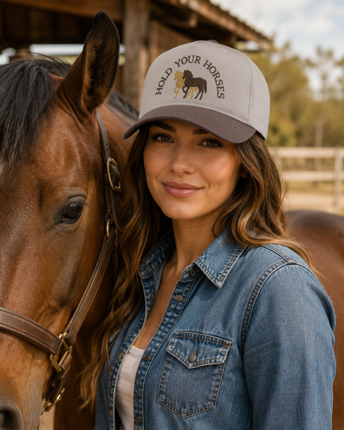 Hold Your Horses embroidered snapback hat in Brown, worn
