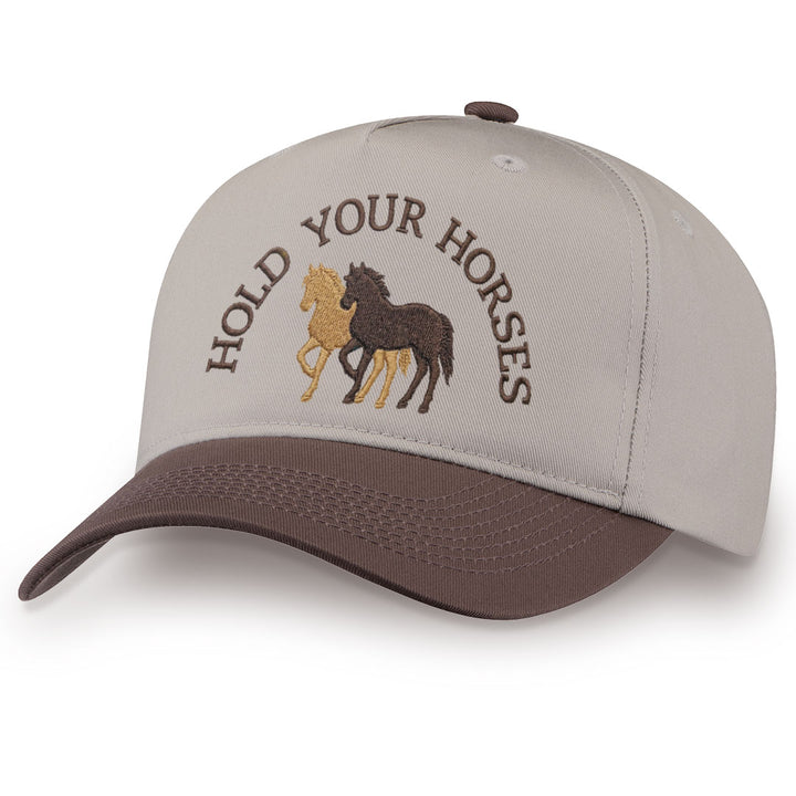 Brown embroidered snapback hat with Hold Your Horses stitched across the front