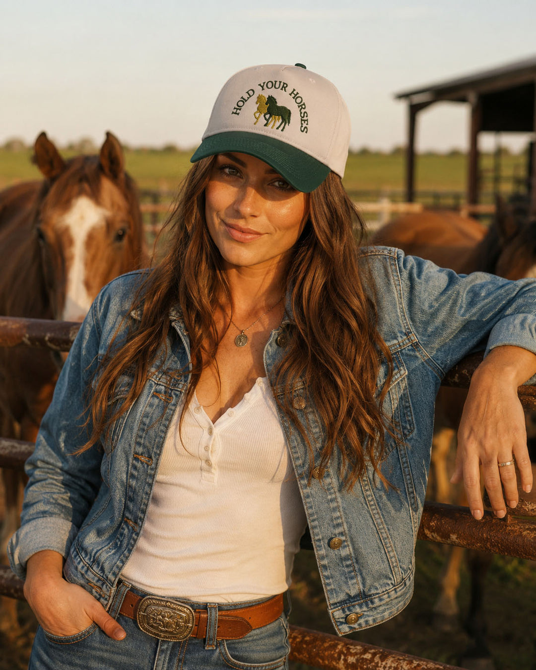 Hold Your Horses embroidered snapback hat in Green, worn