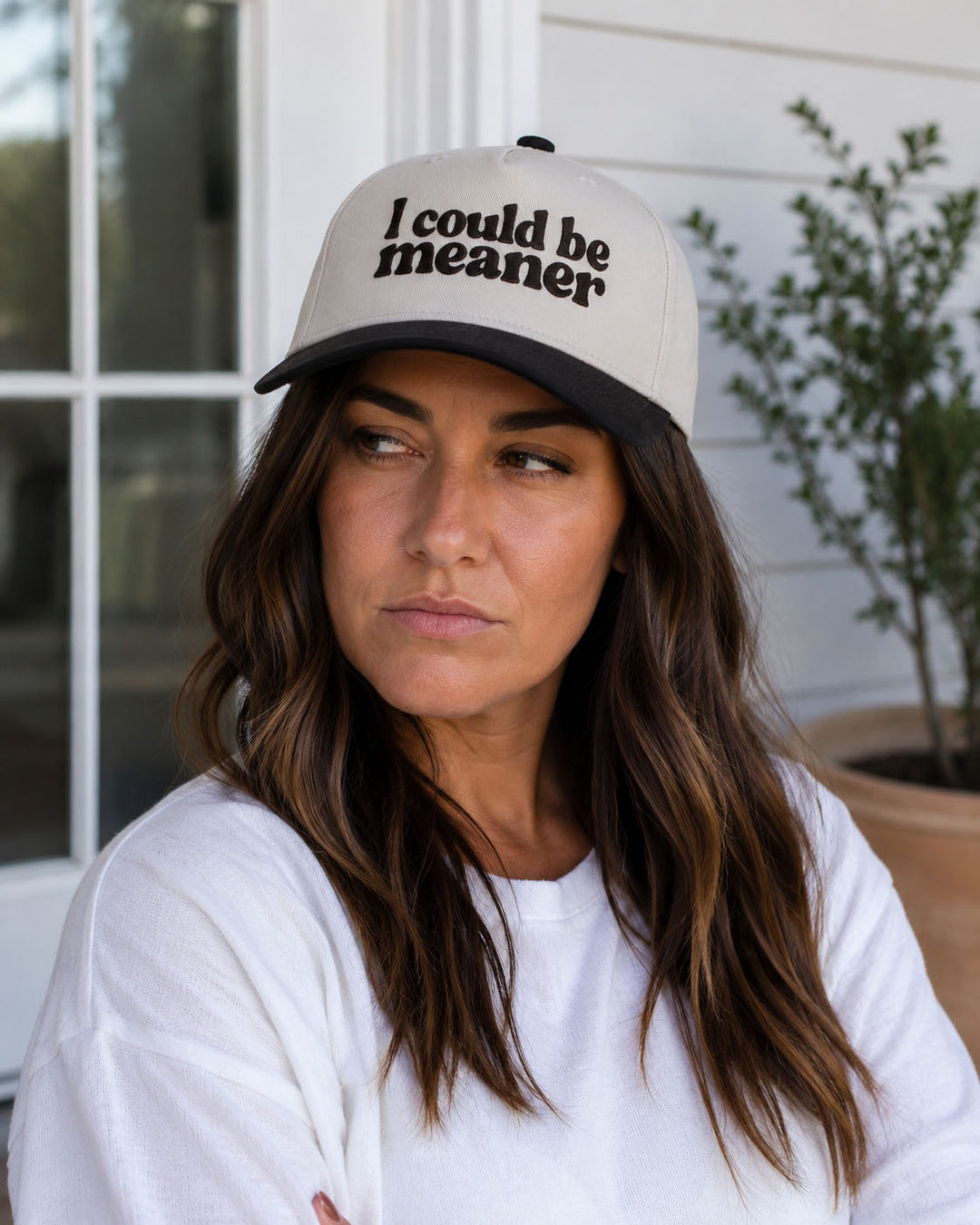 I Could Be Meaner embroidered snapback hat in Black, worn