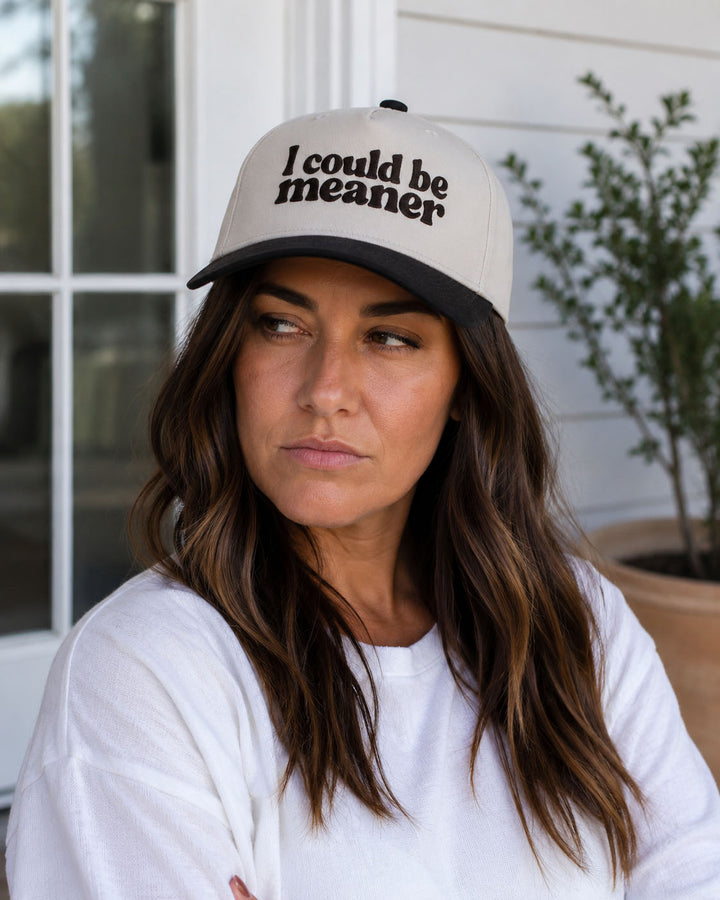 I Could Be Meaner embroidered snapback hat in Black, worn