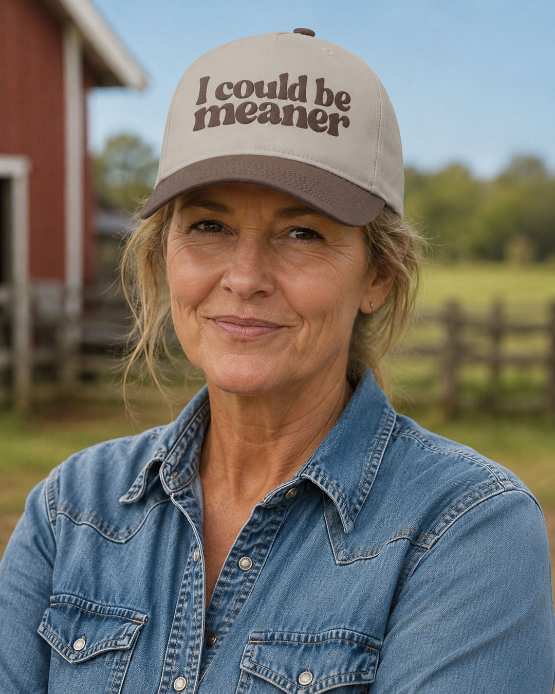 I Could Be Meaner embroidered snapback hat in Brown, worn