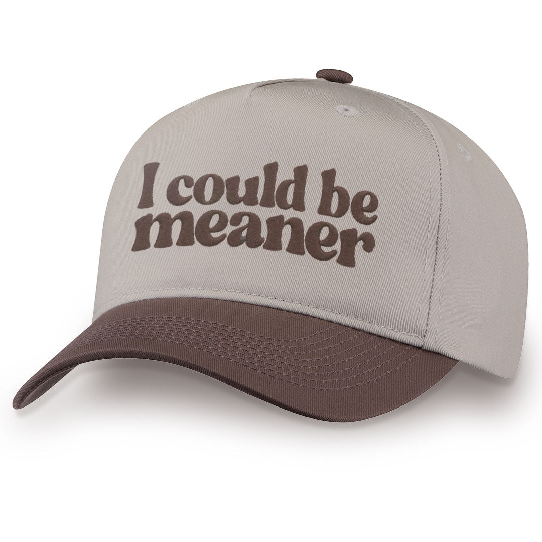 Brown embroidered snapback hat with I Could Be Meaner stitched across the front