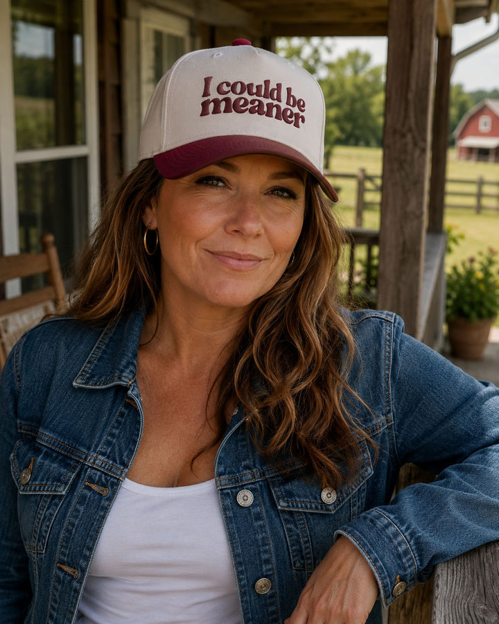 I Could Be Meaner embroidered snapback hat in Burgundy, worn