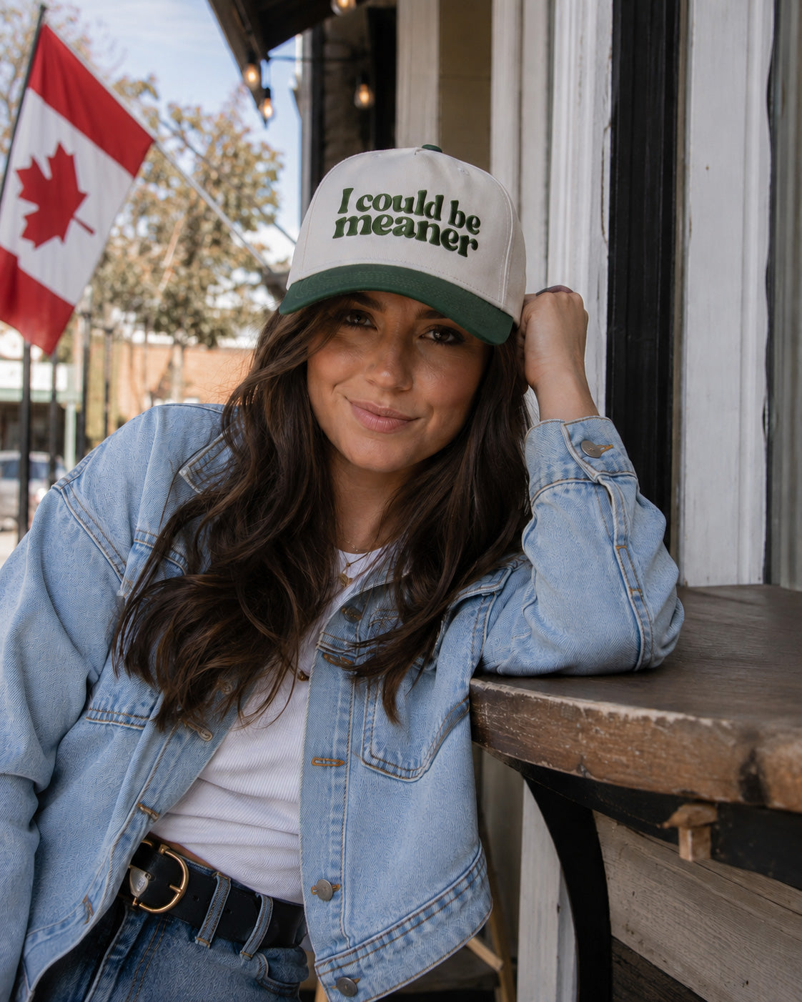 I Could Be Meaner embroidered snapback hat in Green, worn
