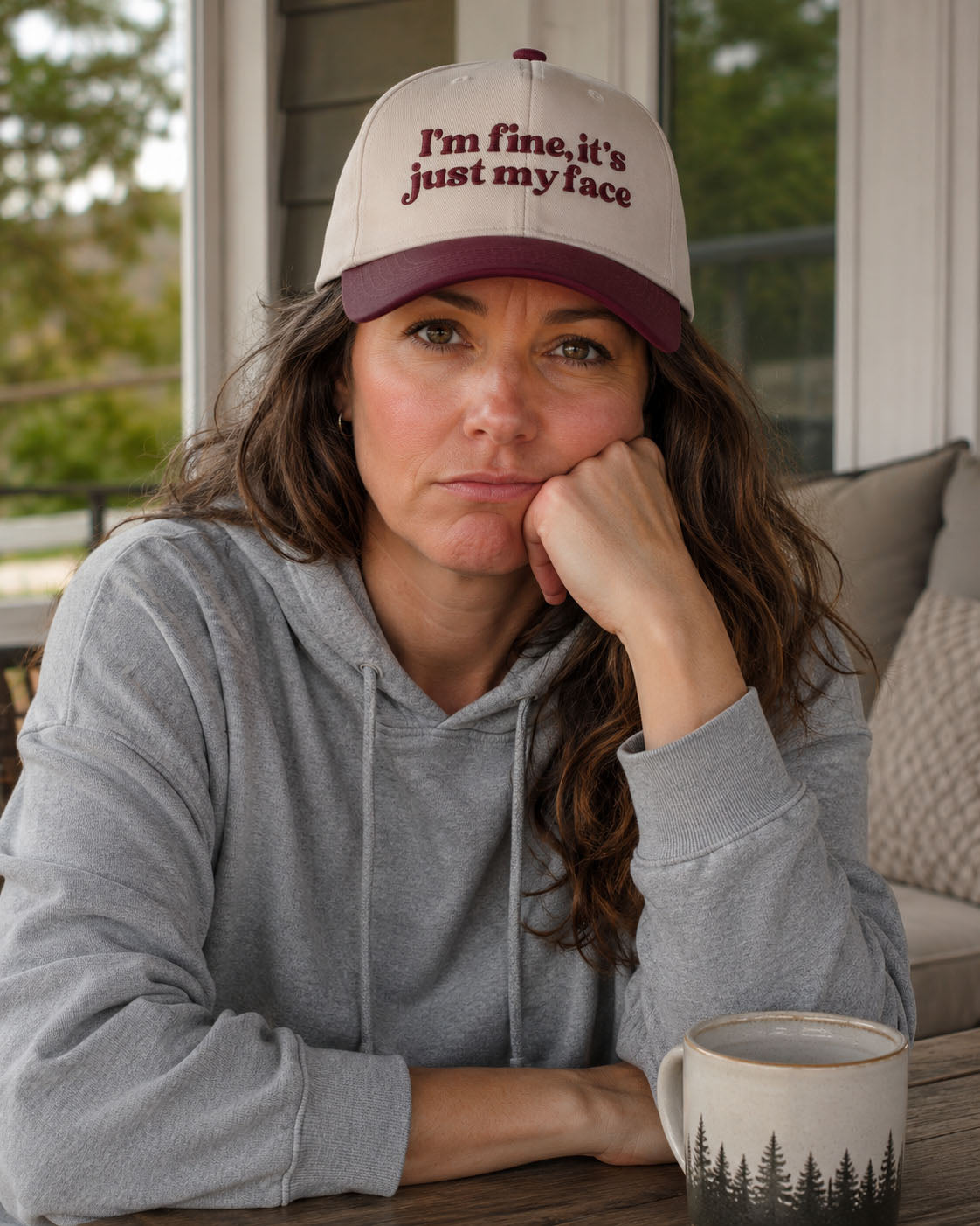 I'm Fine embroidered snapback hat in Burgundy, worn