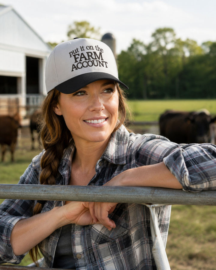 Farm Account embroidered snapback hat in Black, worn
