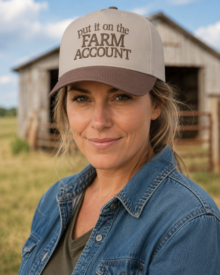 Farm Account embroidered snapback hat in Brown, worn