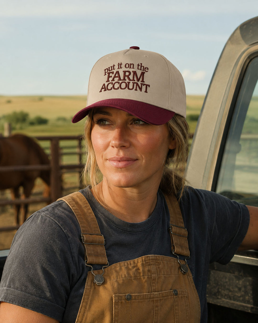 Farm Account embroidered snapback hat in Burgundy, worn