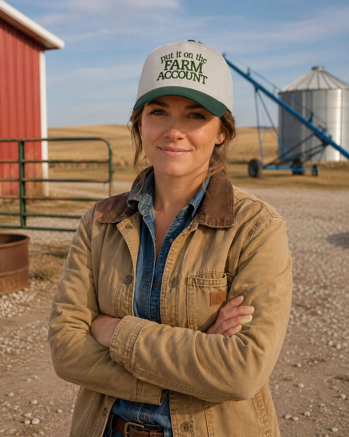 Farm Account embroidered snapback hat in Green, worn
