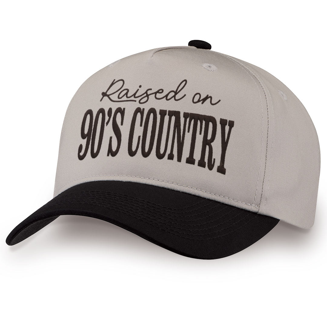 Black embroidered snapback hat with Raised On 90&