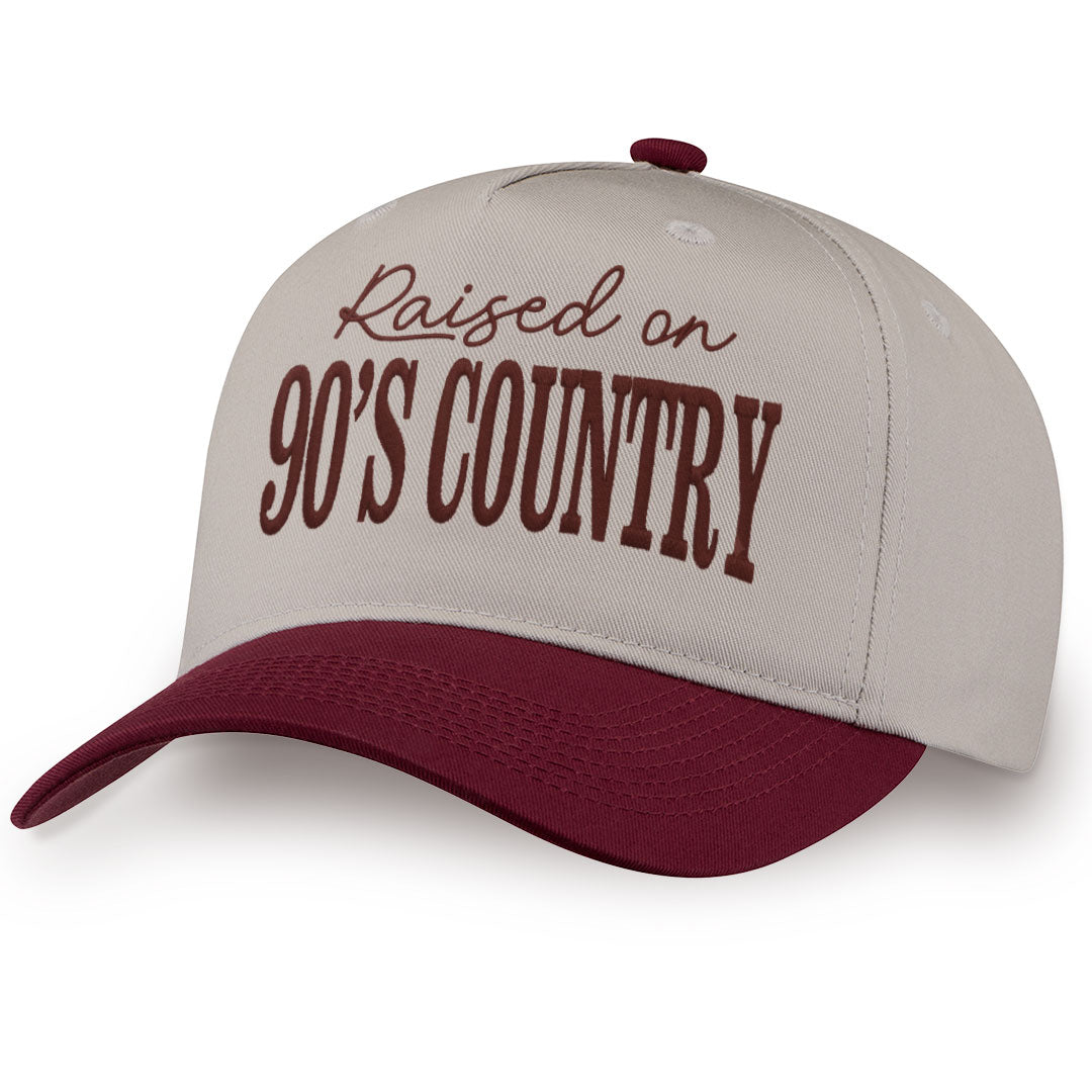 Burgundy embroidered snapback hat with Raised On 90&