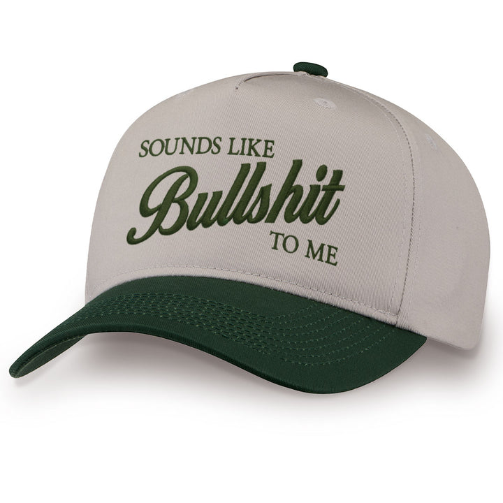 Green embroidered snapback hat with Sounds Like Bullshit stitched across the front
