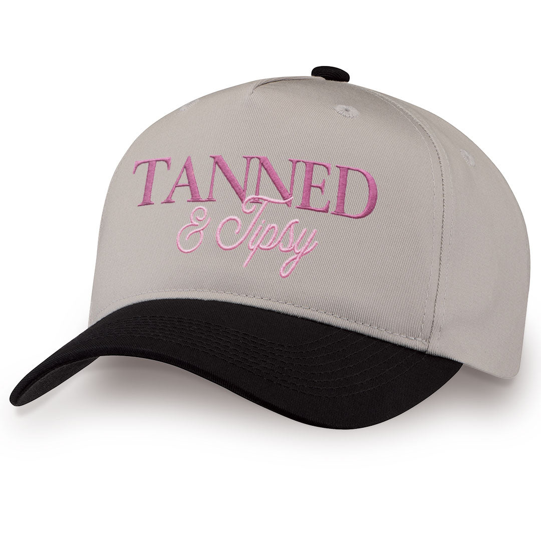 Black embroidered snapback hat with Tanned &amp; Tipsy stitched across the front
