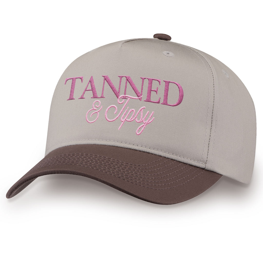 Brown embroidered snapback hat with Tanned &amp; Tipsy stitched across the front