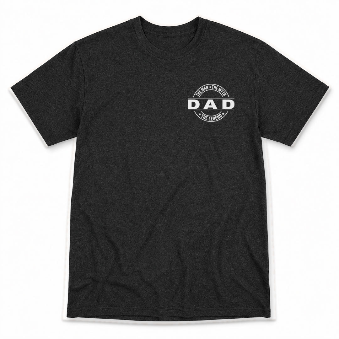 Dark Gray t-shirt printed with Dad - The Man, The Myth, The Legend by Pinetree Innovations