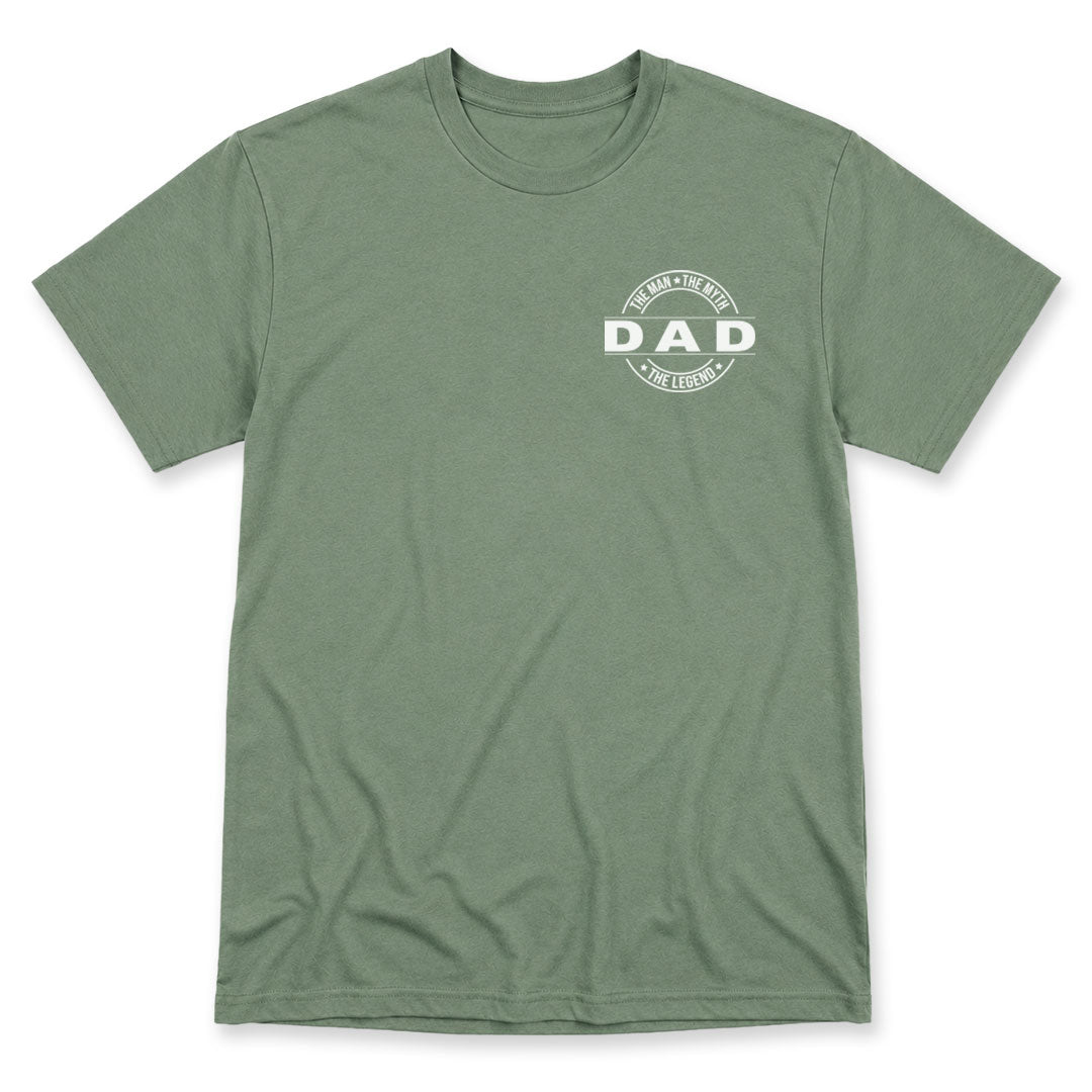Green t-shirt printed with Dad - The Man, The Myth, The Legend by Pinetree Innovations
