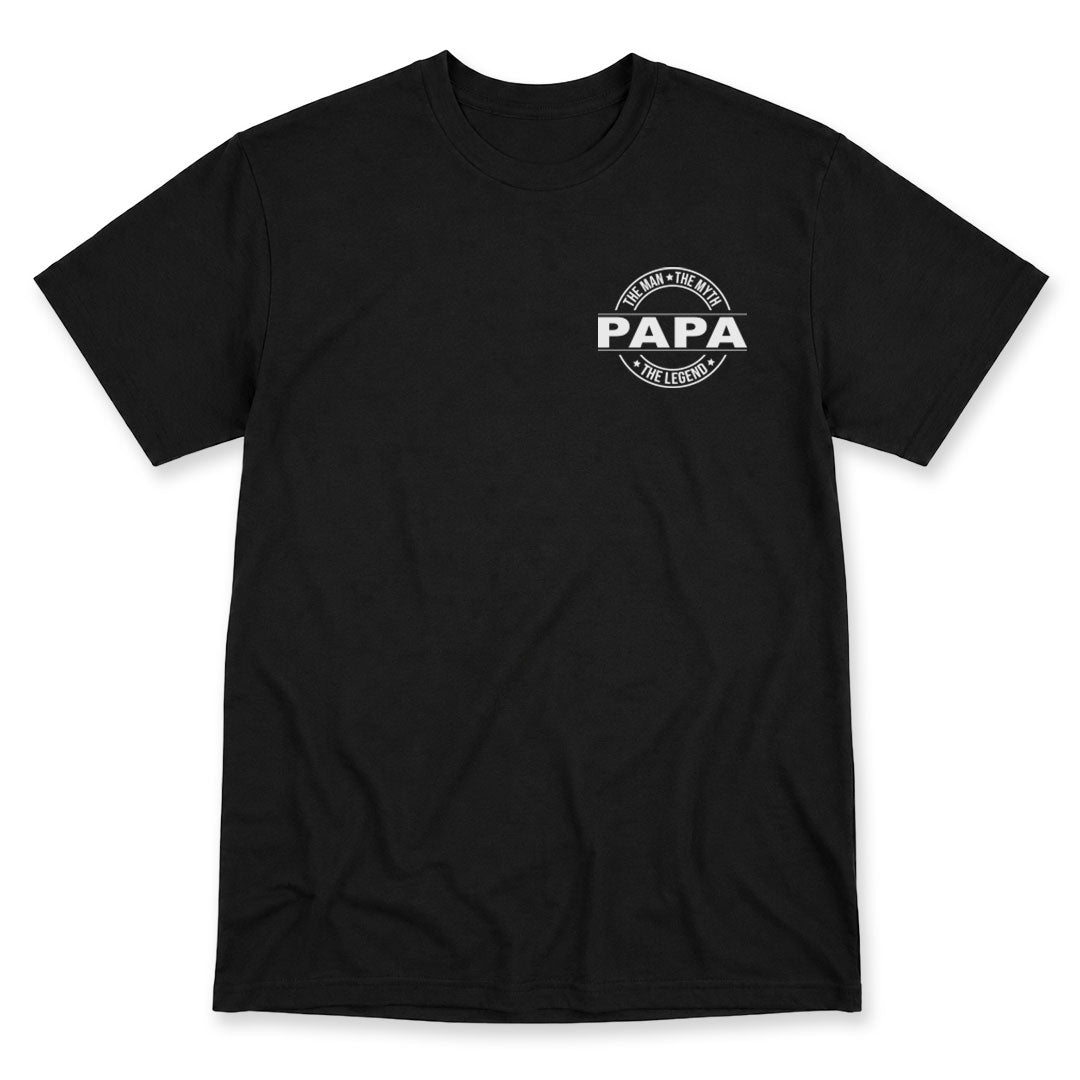 Black t-shirt printed with Papa - The Man, The Myth, The Legend by Pinetree Innovations