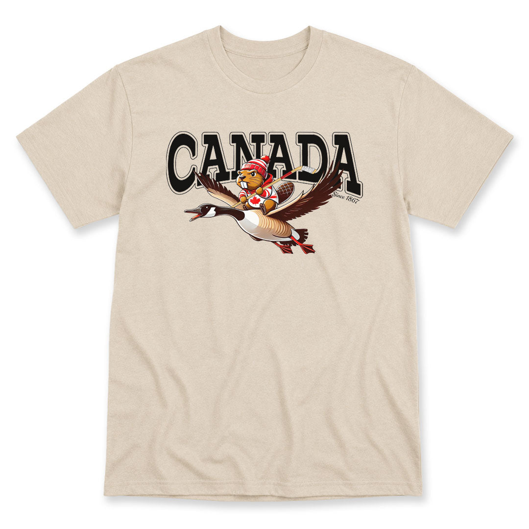 Sand t-shirt printed with CANADA Since 1867 by Pinetree Innovations