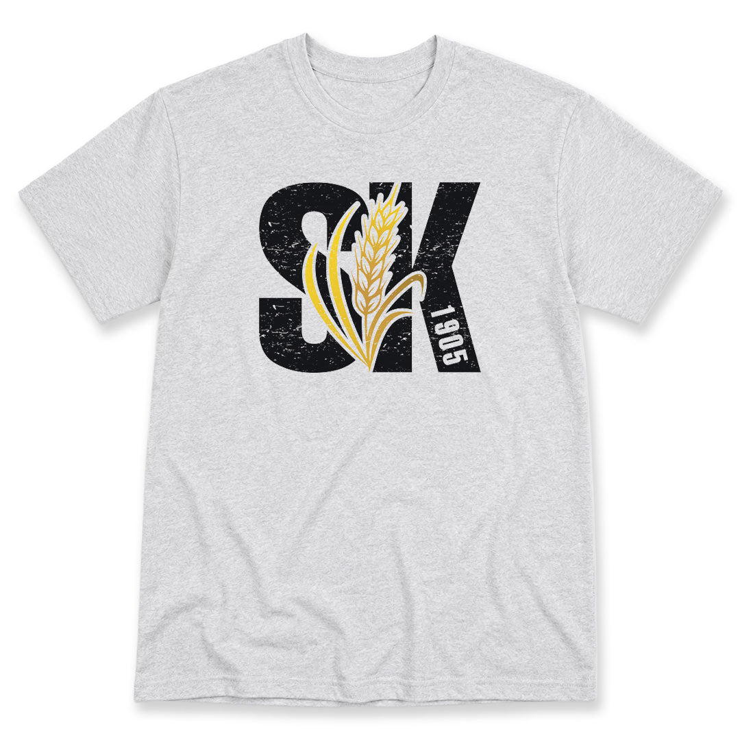 Ash t-shirt printed with Saskatchewan 1905 by Pinetree Innovations