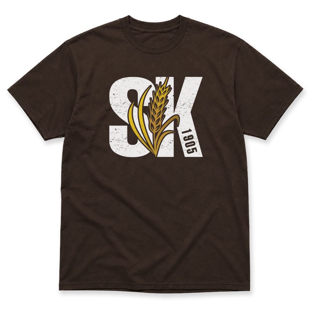 Dark Chocolate t-shirt printed with Saskatchewan 1905 by Pinetree Innovations