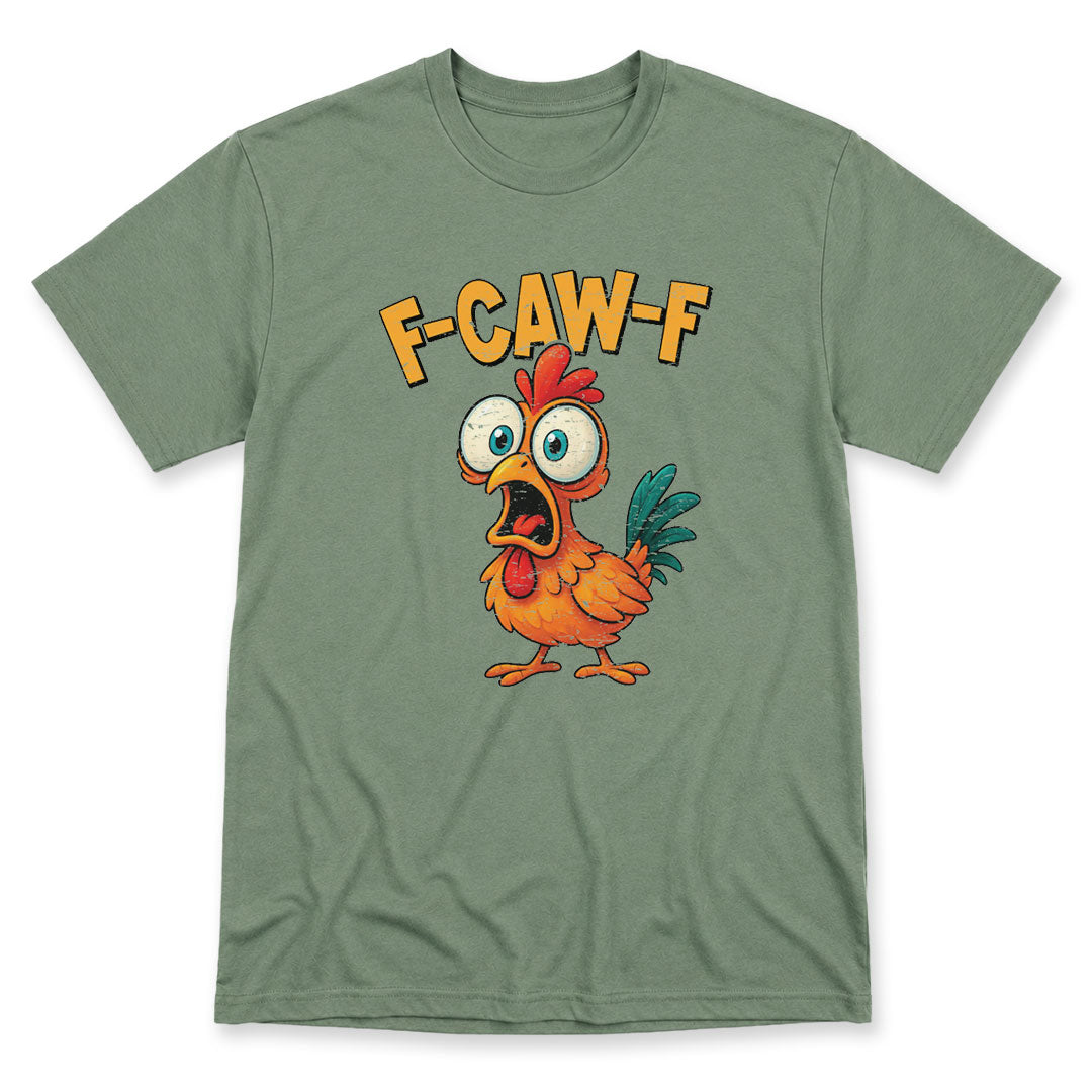 Green t-shirt printed with F-CAW-F by Pinetree Innovations