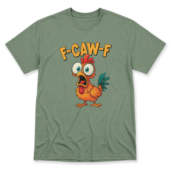 Green t-shirt printed with F-CAW-F by Pinetree Innovations