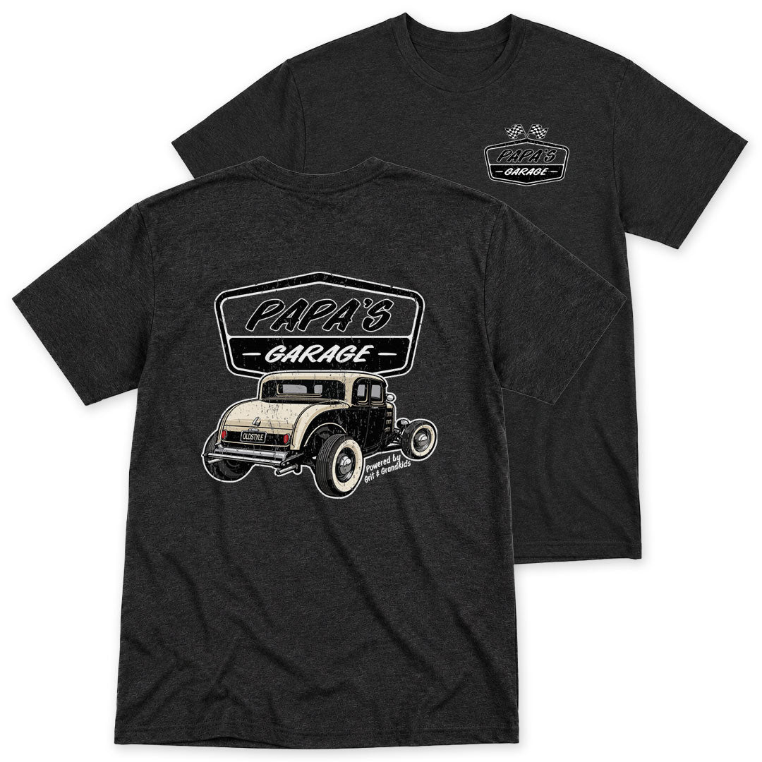 Dark Gray t-shirt printed with the Papa's Garage design, front and back print, by Pinetree Innovations