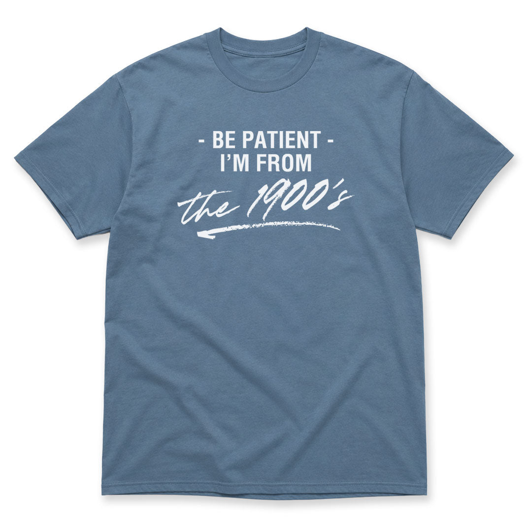 Indigo Blue t-shirt printed with the Be Patient I&